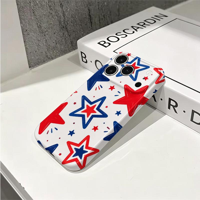 Playful Hand Drawn Red Blue Star Pattern Film Aesthetic Protective Shockproof Bumper Phone Case Cover For iPhone 14 15 16 17 Pro Max Plus