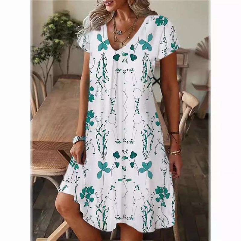 Zomerse Bloemen Damesjurk Mode Casual Boho Strand Zomerjurk Korte Mouw V-hals Sexy 3D Print Losse A-lijn Jurk Femme Vestidos