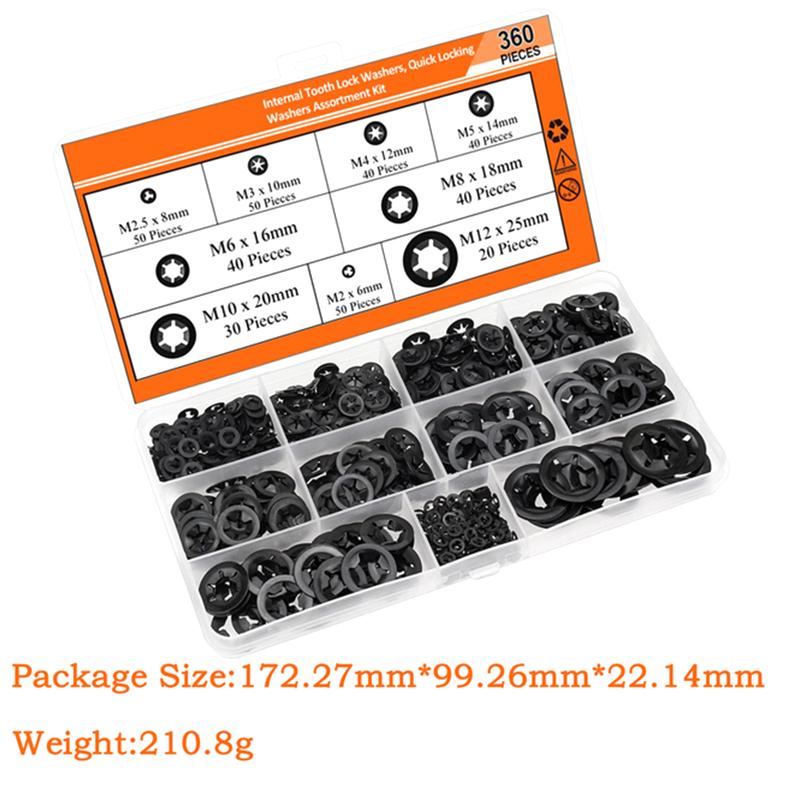 360Pcs Internal Tooth Star Lock Washers 2/2.5/3/4/5/6/8/10/12mm Quick Speed Locking Washers Retaining Clips Fasteners H4GE