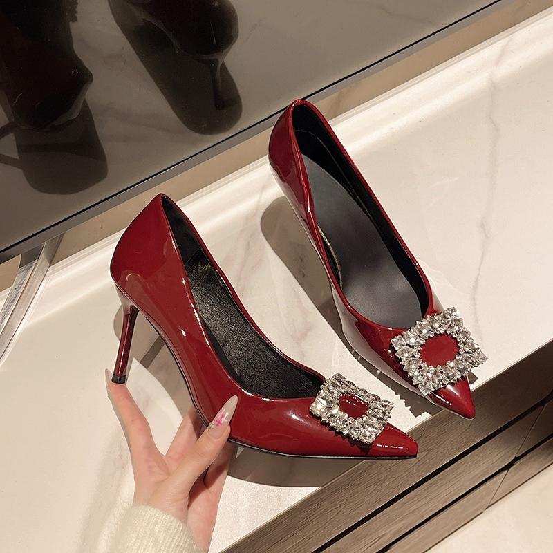 Patent Leather Stiletto Single Shoes Women's Pointed Toe Shallow Mouth Crystal Buckle Slip High Heels