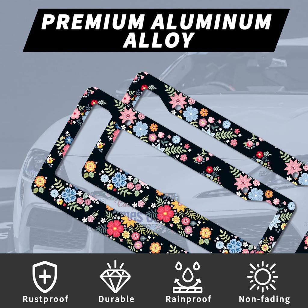 Floral License Plate Frame,Colorful Flowers Cute License Plate Frame 2 Pack Car Accessories Aluminum License Plate Covers for Men Women 2 Holes with