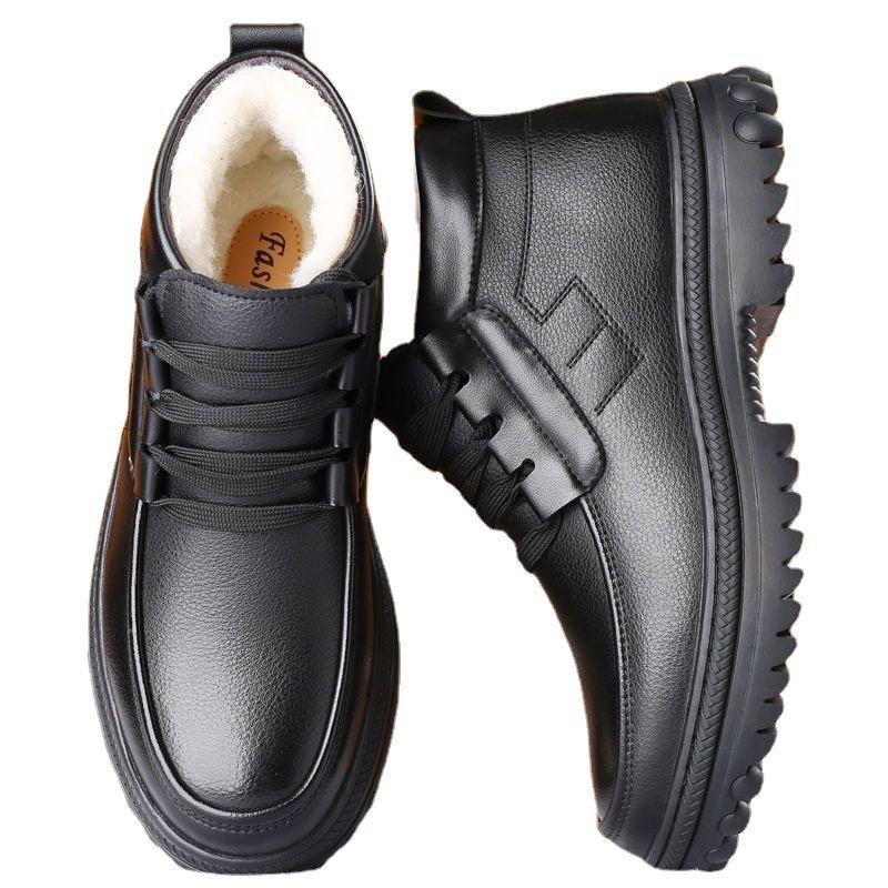 Men's Cotton Shoes Winter Velvet Thickened Warm Real Cowhide Fluff Shoes Gobang Non-slip Deodorant Work Shoes