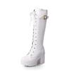 New Style Hot Sale Spring Autumn Lacing Knee High Boots Women Fashion White Square Heel Woman Leather Shoes Winter Large Size 43