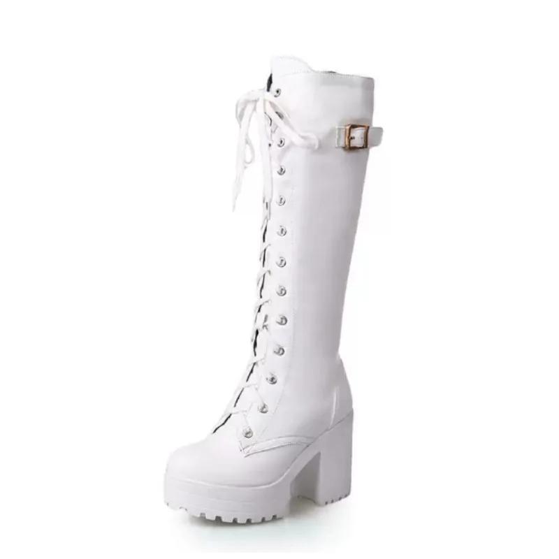 New Style Hot Sale Spring Autumn Lacing Knee High Boots Women Fashion White Square Heel Woman Leather Shoes Winter Large Size 43