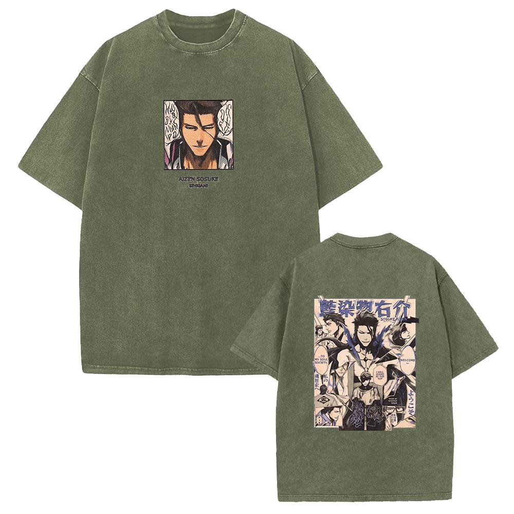 BLEACH Aizen Sousuke T Shirt Vintage Trendy Washed Tshirt Men Unisex Clothing Summer Short Sleeve Oversized Cotton Streetwear