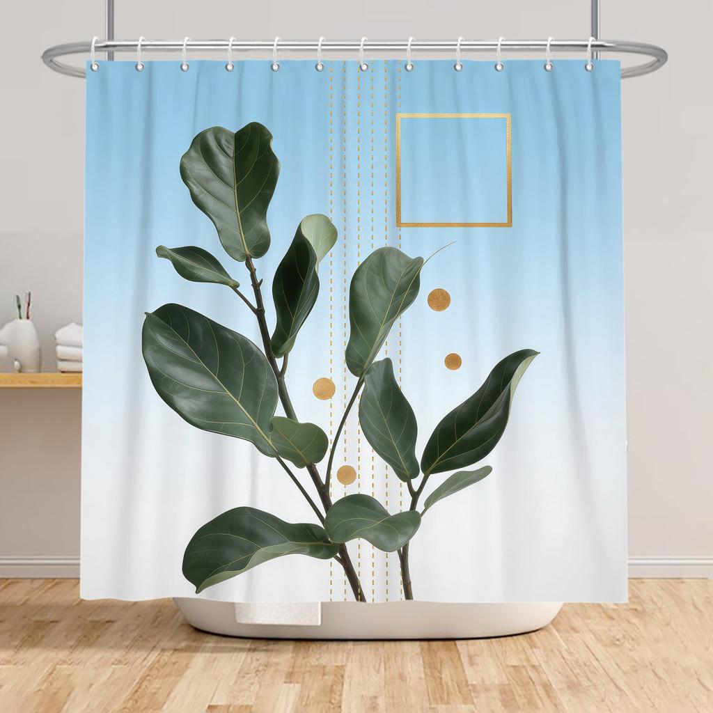Tropical Rainfores Bathroom Shower Curtain Plant Green Leaves Simple Line Decor Waterproof Bathtub Bathroom Curtain With Hooks
