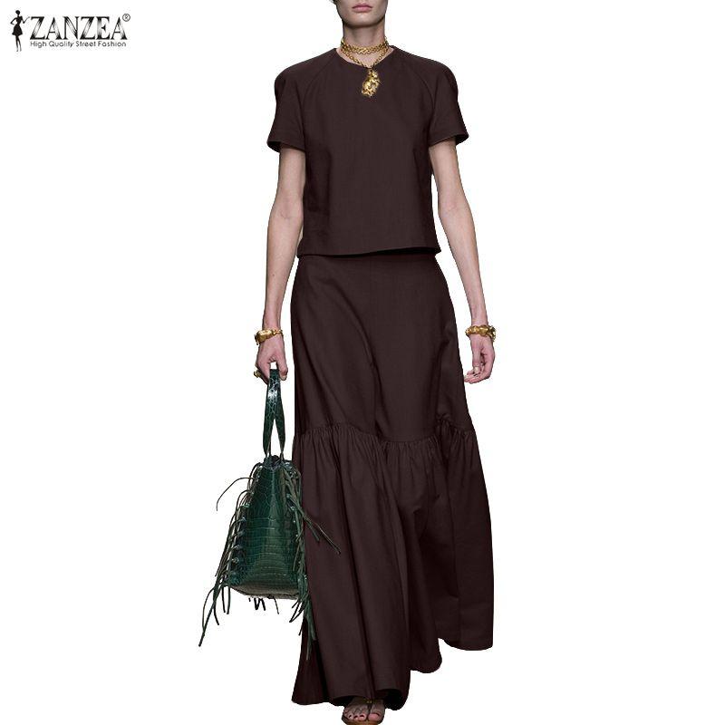 ZANZEA Women Short Sleeve Blouse and Long Skirts Summer Two Piece Suit Sets