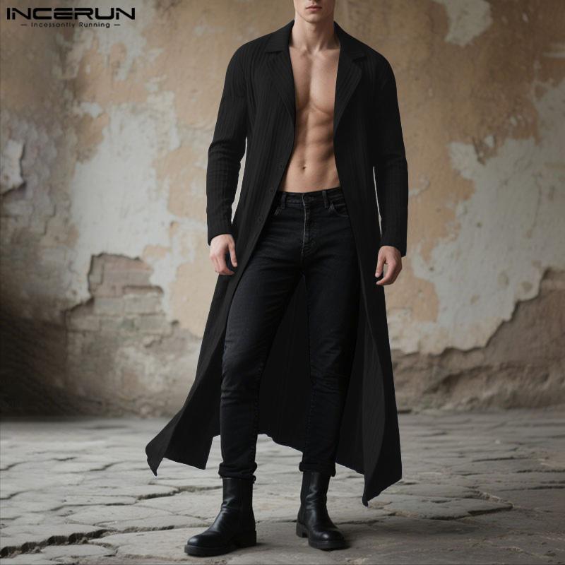 INCERUN Men Lapel Neck Long Sleeve Texture Casual Open Front Long Cardigan Coats