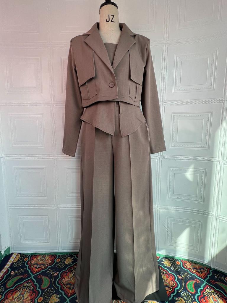 Women 3 Piece Outfit Cropped Blazer Cami Top High Waist Wide Leg Pants Suit Office Business Matching Set