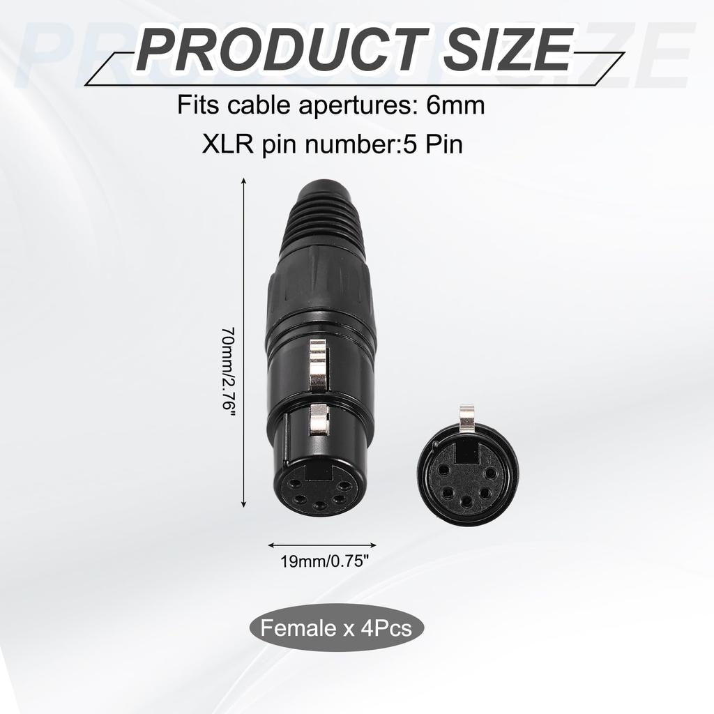 uxcell 4 Pieces 5-Pin XLR Female Connector Microphone Audio Cable Plug Socket Accessory for Mixer Power Amplifier Black 2.76 Inches