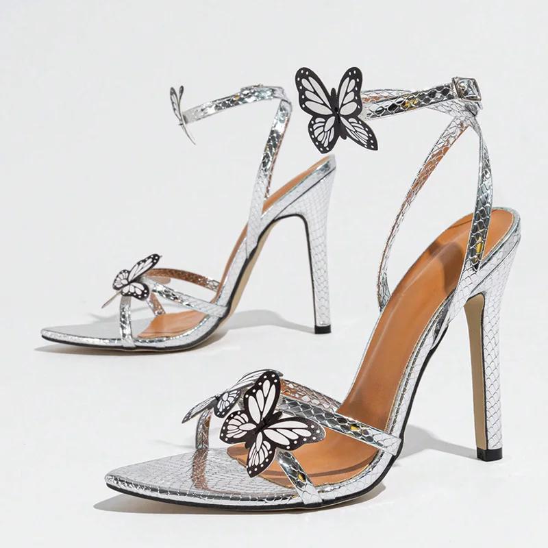 Silver Butterfly-knot Ankle Strap Woman Sandals Elegant Pointed Toe Women Thin High Heels 2025 Sexy Wedding Party Women Pumps