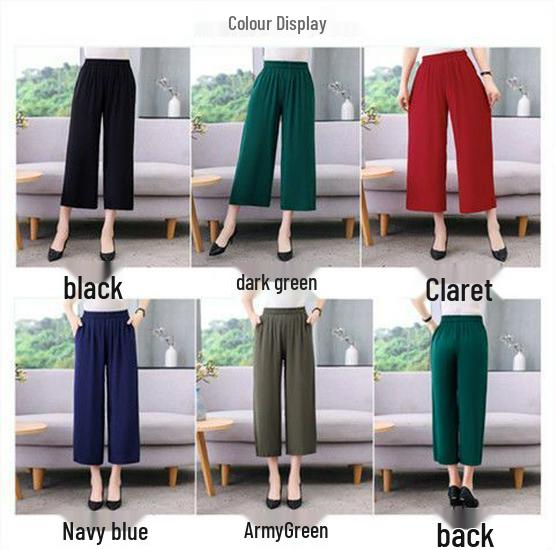 2026 Summer Solid Color Loose Straight Cropped Cotton Silk Pants for Middle-Aged and Elderly Women