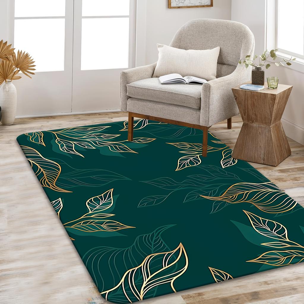 Flannel Printed Tropical Leaf Design Area Rug Green Gold Pattern Soft Non Slip Floor Mat For Living Room Bedroom Home Decor