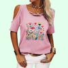 Women Fashion Round Collar Floral Print Tee Shirt Summer Pullover Off Shoulder Top Casual Short Sleeve T-shirt