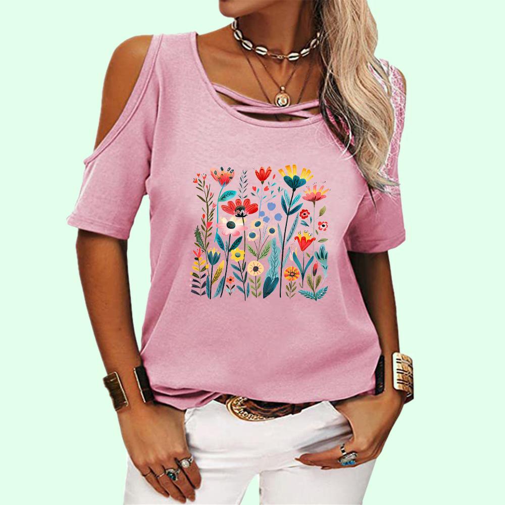 Women Fashion Round Collar Floral Print Tee Shirt Summer Pullover Off Shoulder Top Casual Short Sleeve T-shirt