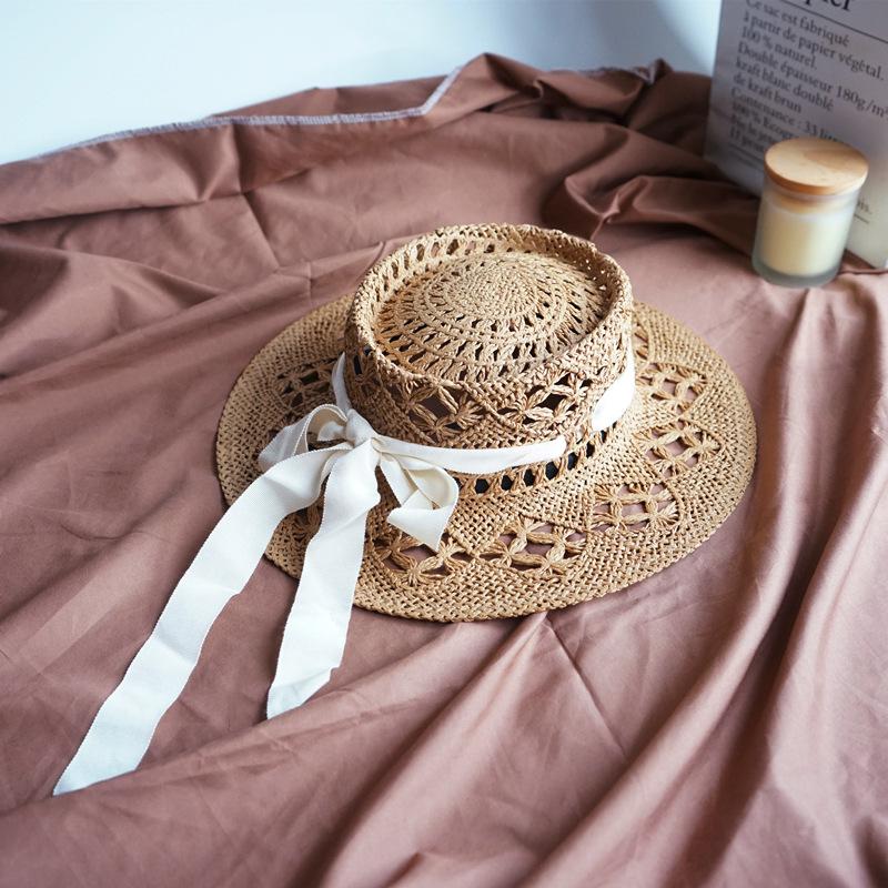 French Retro Hollowed-Out Flower Color Woven Flat-Top Straw Hat Trendy Girl Summer Vacation Top Hat Japanese Sun Top Hat
