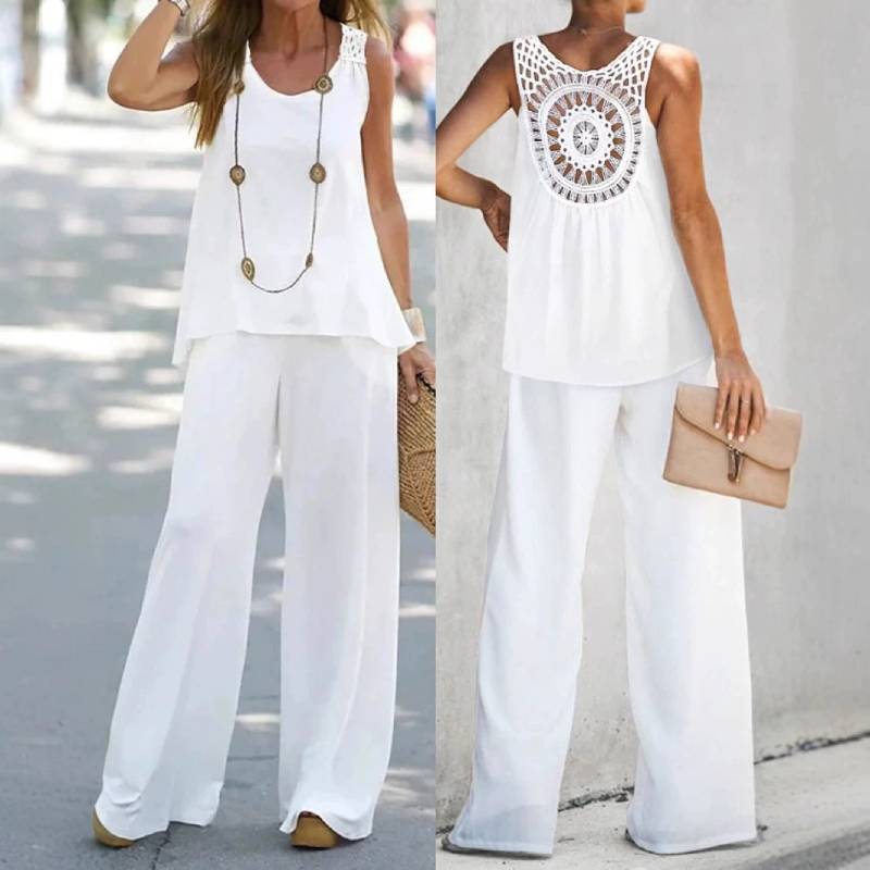 Bohemian Style Sleeveless Top And Wide Leg Pants Set With Polyester Fabric For Casual Summer Wear