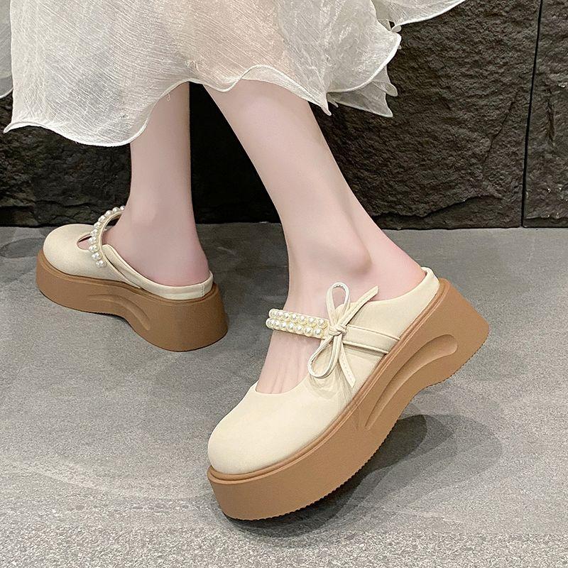 Pearl Round Toe Shoes Platform Women's Slippers and Ladies Sandals Medium Heel Slides Summer Footwear On Promotion Casual Shoe