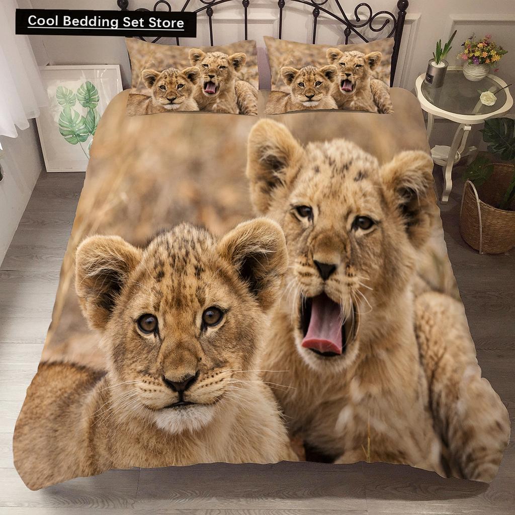Comforter Lion Tiger King Queen Lovely Wild Animals Bedding Set For Kids Teens Adults Wildlife Grey Black 2/3Pcs