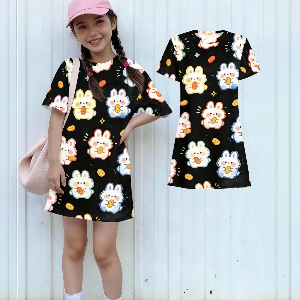 Girls Loose Fit Short Sleeve Dress Kids Round Neck Casual Lightweight Dress with Animal Print Suitable for Daily Wear and Outdoor Activities