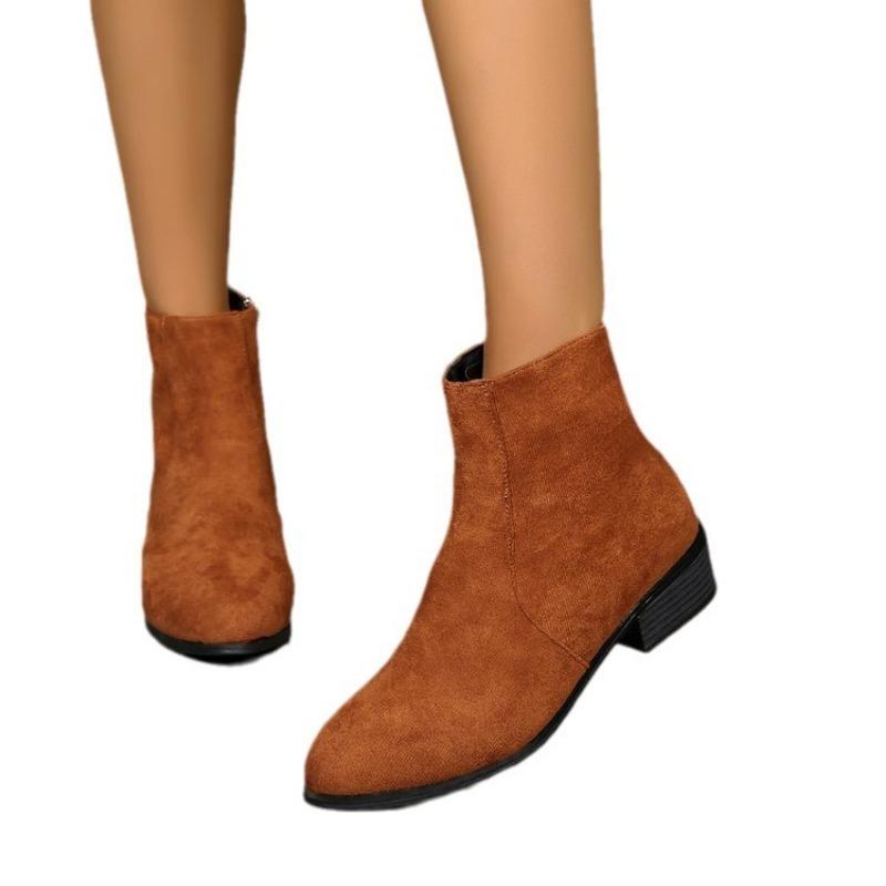 Pointed Large Size Thick Heel Martin Boots Autumn and Winter New Suede Side Zipper Low Heel Short Boots