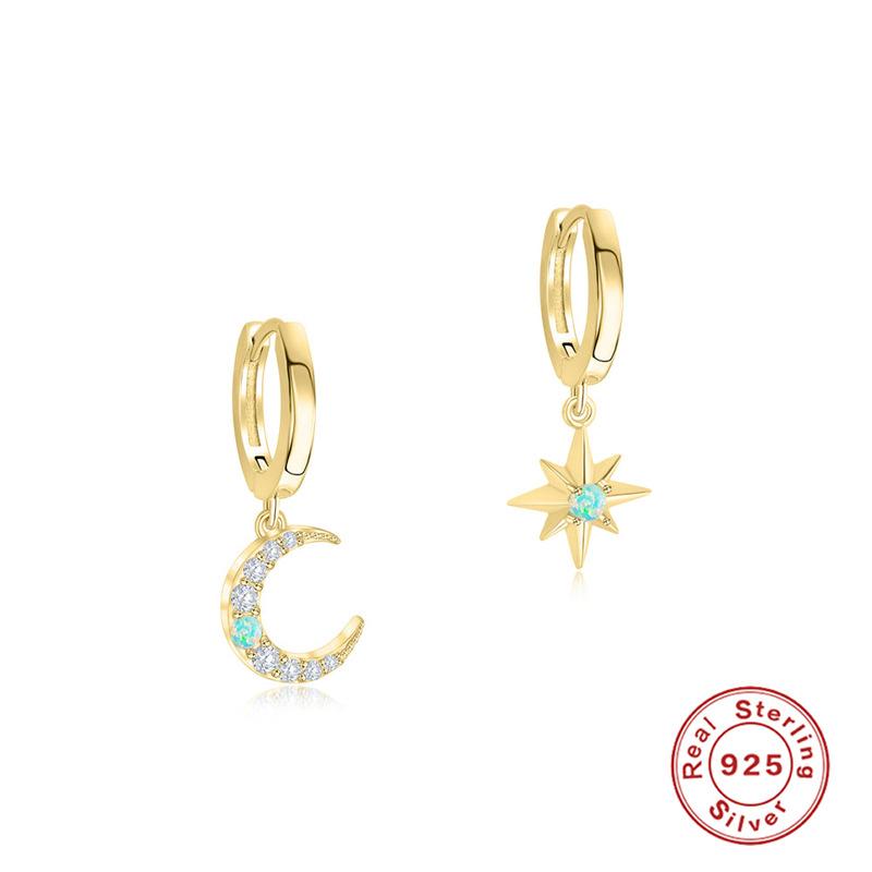 Fashion S925 Sterling Silver Star Moon Rivet Diamond Opal Earrings Ear Buckle Earrings Earrings 925 Earrings