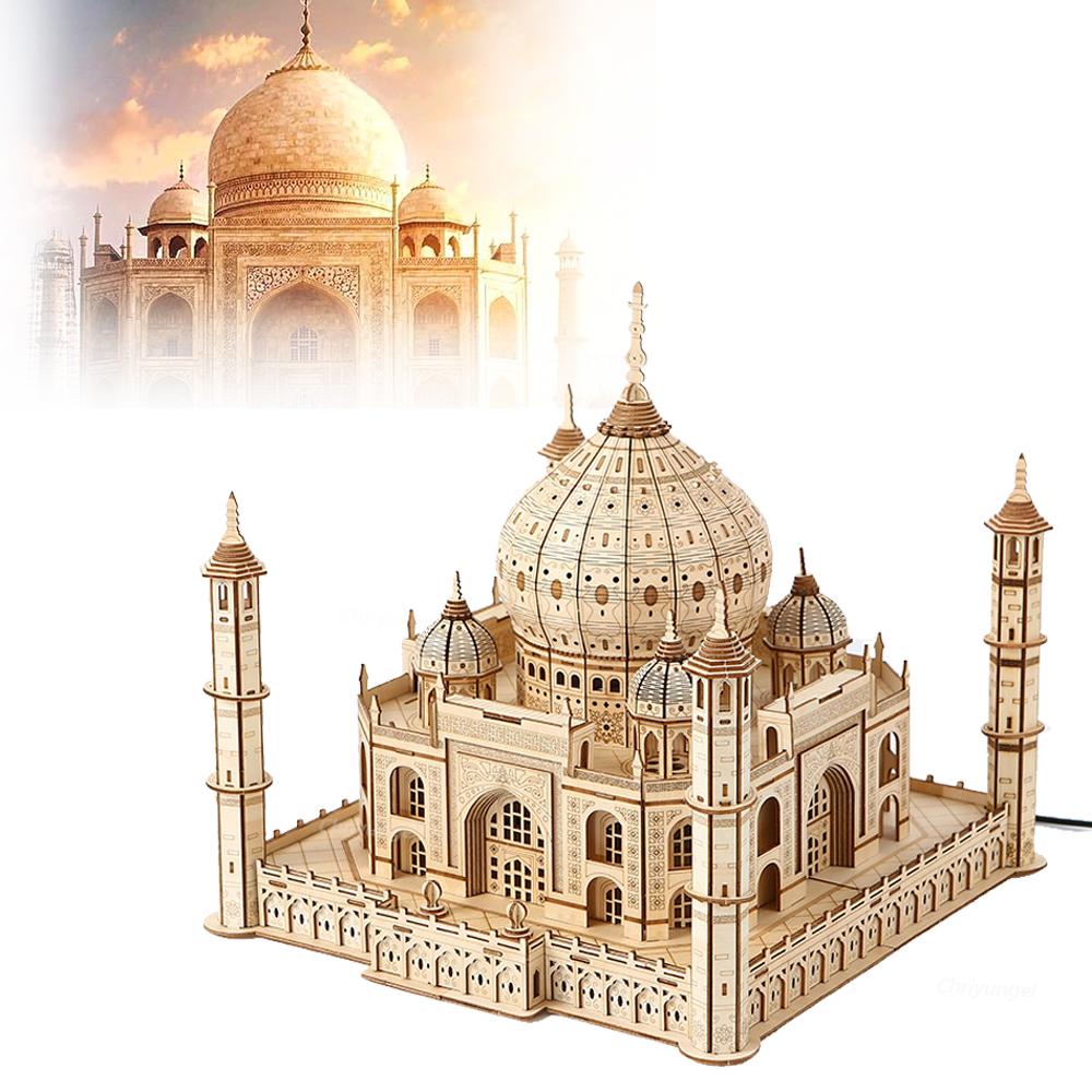 3D Wooden Puzzle House Royal Castle Taj Mahal Model Kit with Light DIY Assembly Crafts Desk Decoration Gifts for Adults Kids