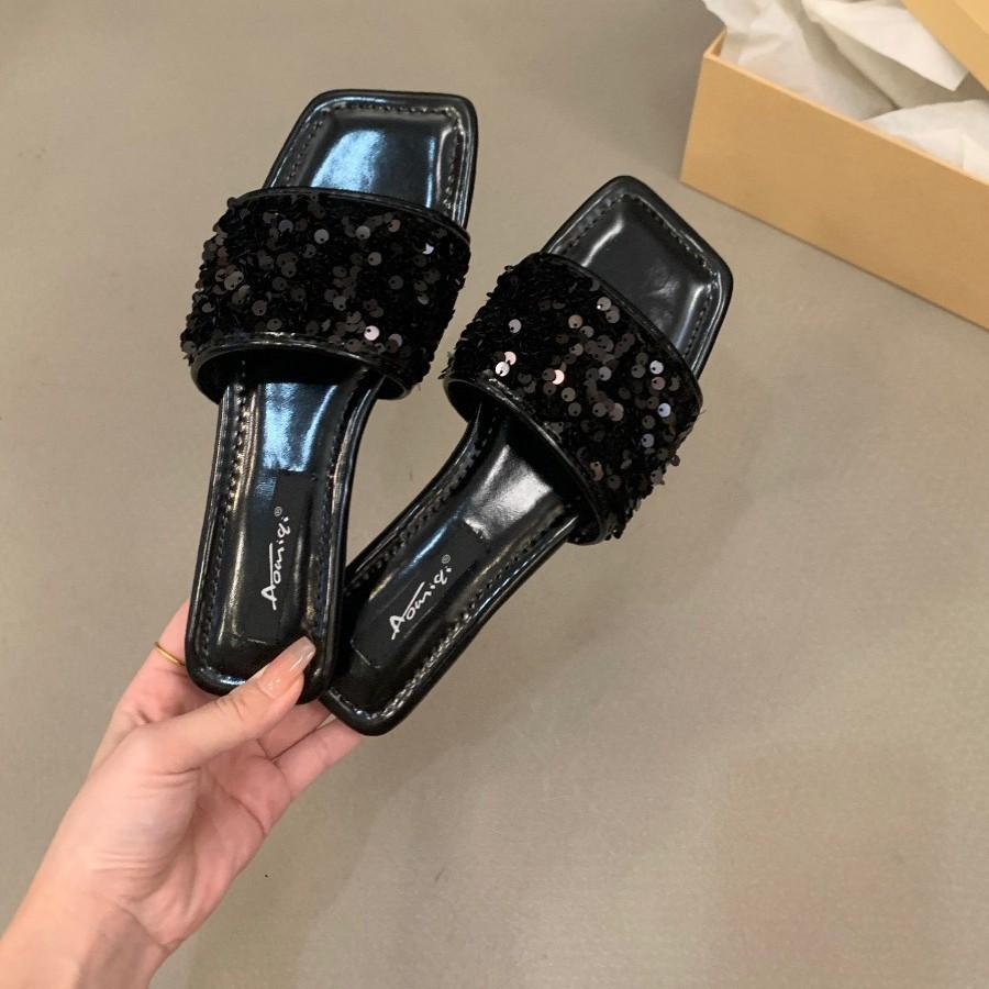 

2025 новый топ с пайетками с плоским дном, нишевый сказочный стиль, верхняя одежда с юбкой, праздничные крутые шлепанцы 43 чёрный