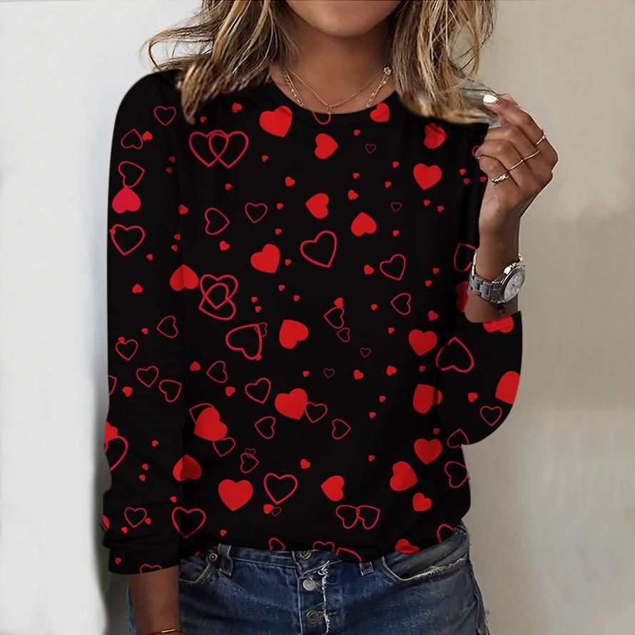 Women Love Heart Print Graphic T Shirt For Women Pink Fashion Long Sleeve Tees Autumn Winter Casual Loose T-Shirts