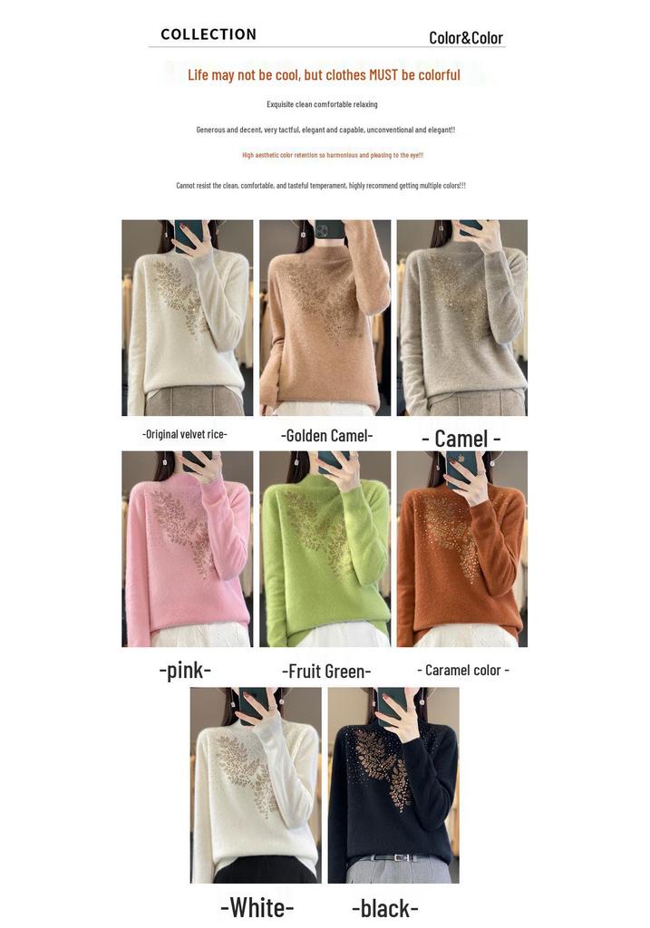 Rhinestone Wool Sweater for Women, Autumn/Winter Collection: Half-High Neck, Knitted, Long & Loose Fit.
