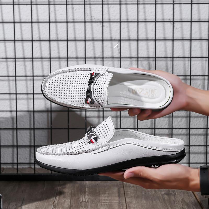 Fashion New Breathable Dress Shoes Genuine Leather Mens Slip on Shoes Fashion Men Half Loafers Slides Breathable Mules for Man Flats