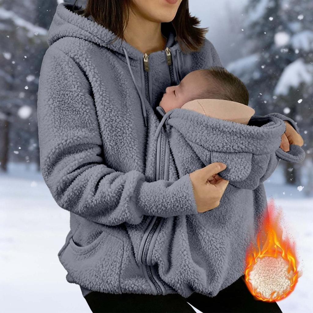 Damen Winter Warm Fleece Umstandsmantel mit durchgehendem Reißverschluss Babytragejacke Schwangerschaftskleidung