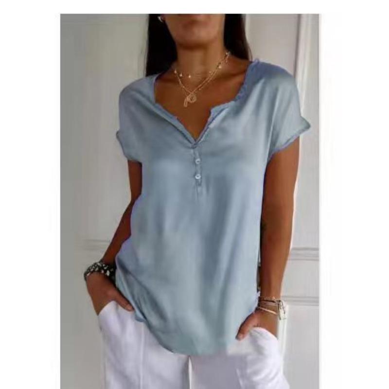 

YYFS женские модные повседневные летние весенние однотонные блузки и рубашки с короткими рукавами и v-образным вырезом с принтом L серо голубой