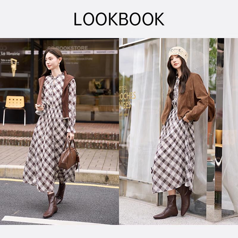 Xiangying Vintage Plaid Waist-Defining French Midi Dress