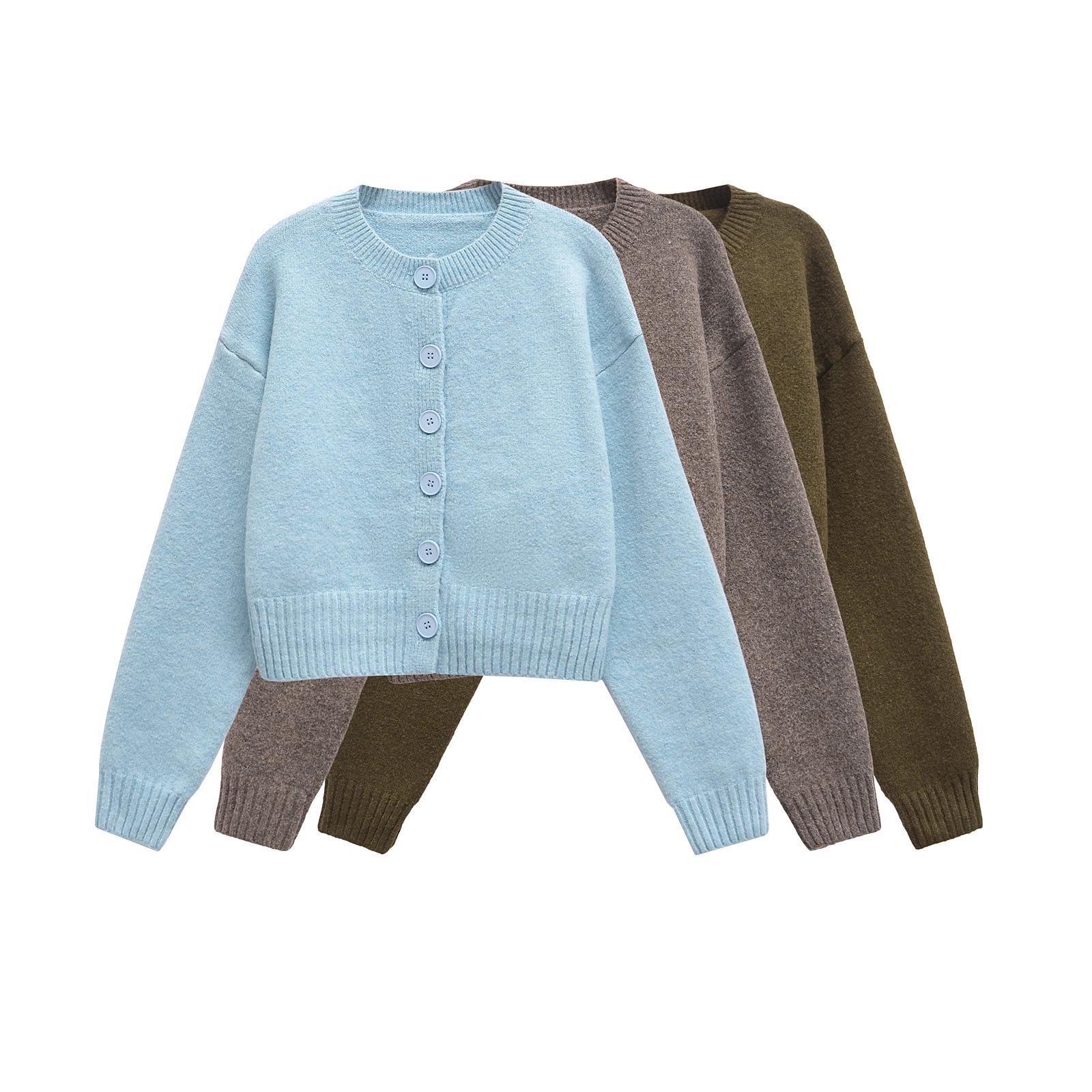 

2024 Autumn/Winter Women s Solid Color Round Neck Knitted Cardigan Small хаки