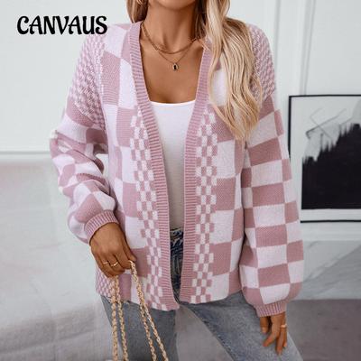 Autumn and Winter Women's Plus Size Fashion Casual Knitwear Loose V-neck Plaid Colour Block Cardigan Sweater