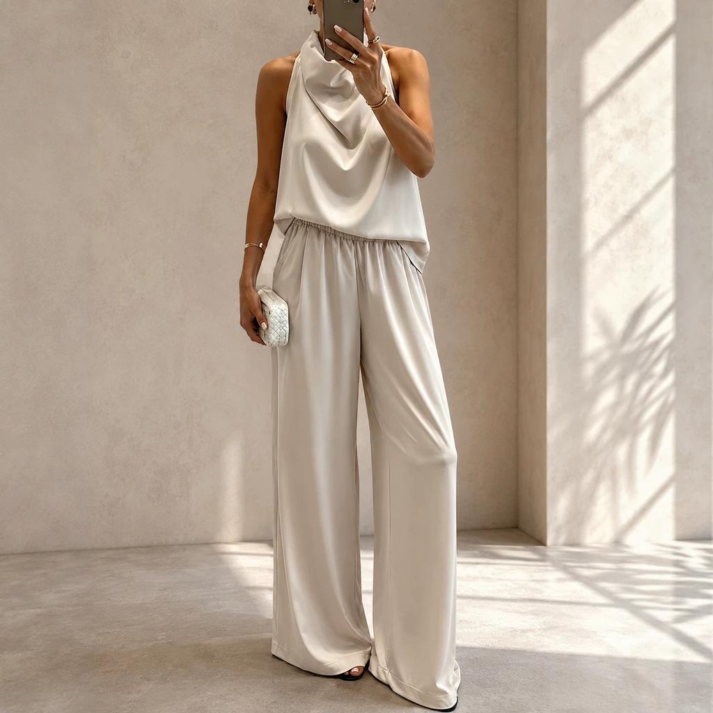 1116 summer new European and American fashion solid color vest and trousers two-piece suit casual women's clothing