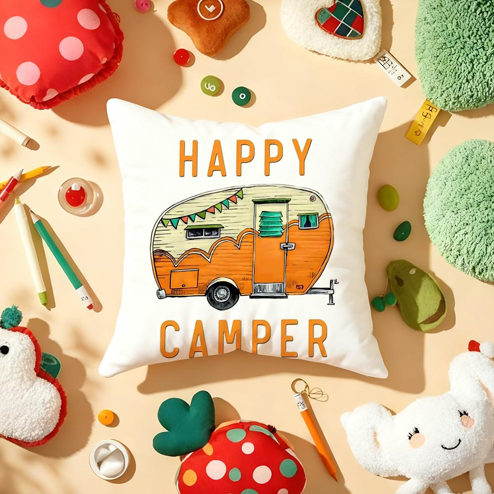 

Happy Camping RV Camper Car Cushion Cover Plush Fabric Soft Printed Sofa Warm Winter Home Gift Pillow Cover 40cmx40cm