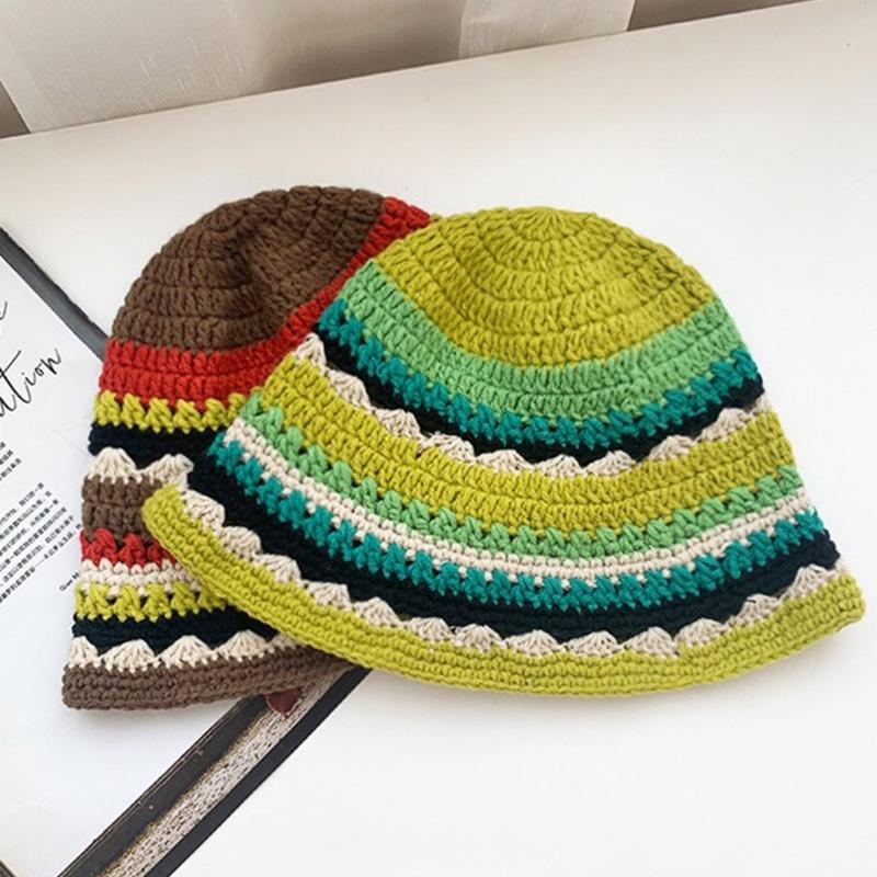 Knit Bucket Hat for Woman Breathable Multiple Color Weaving Wide Brim Bucket Hat Adult Teens Summer Fisherman Cap
