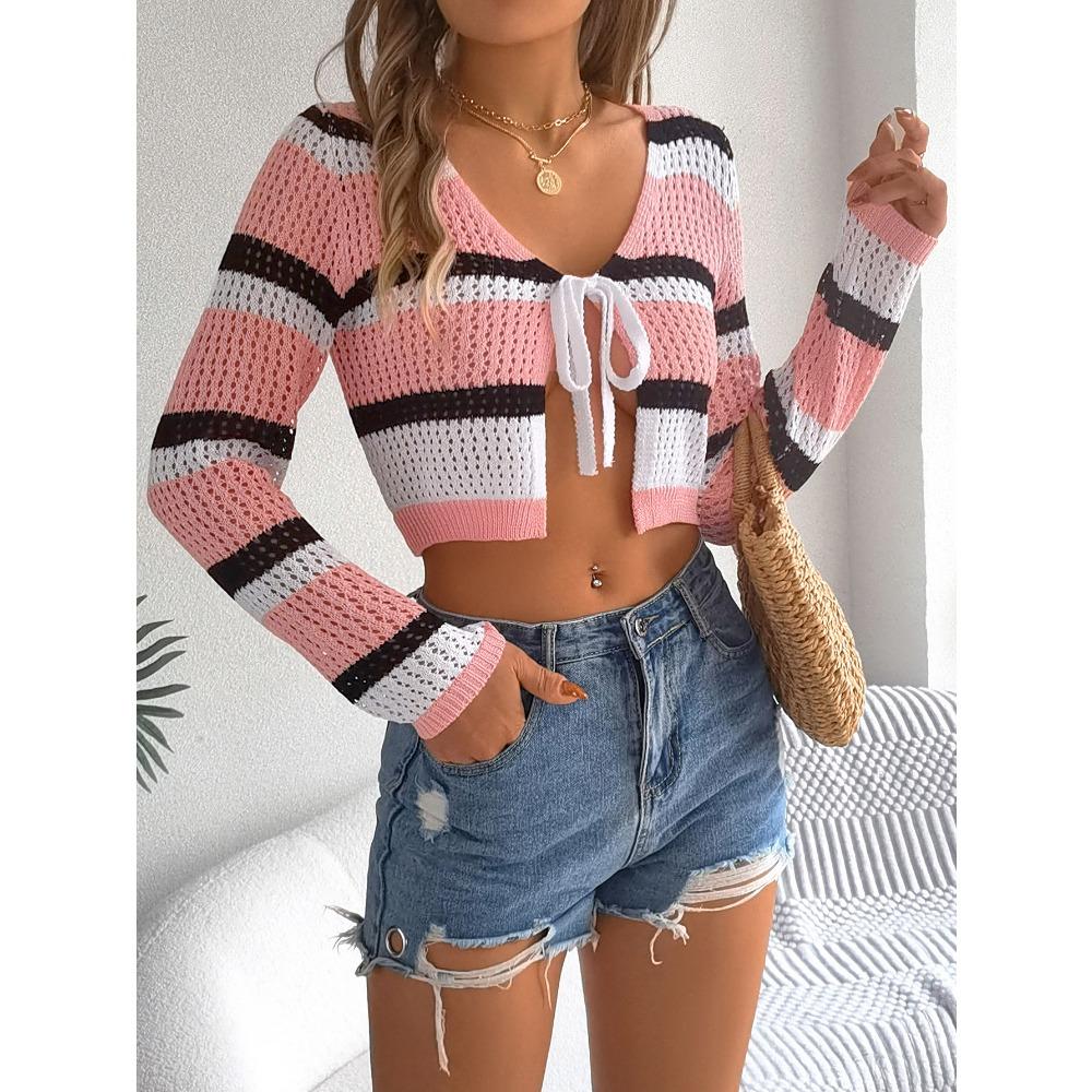Hollow Contrast Striped Lace-up Long-sleeved Navel-baring Knitted Cardigan Sun Protection Shirt