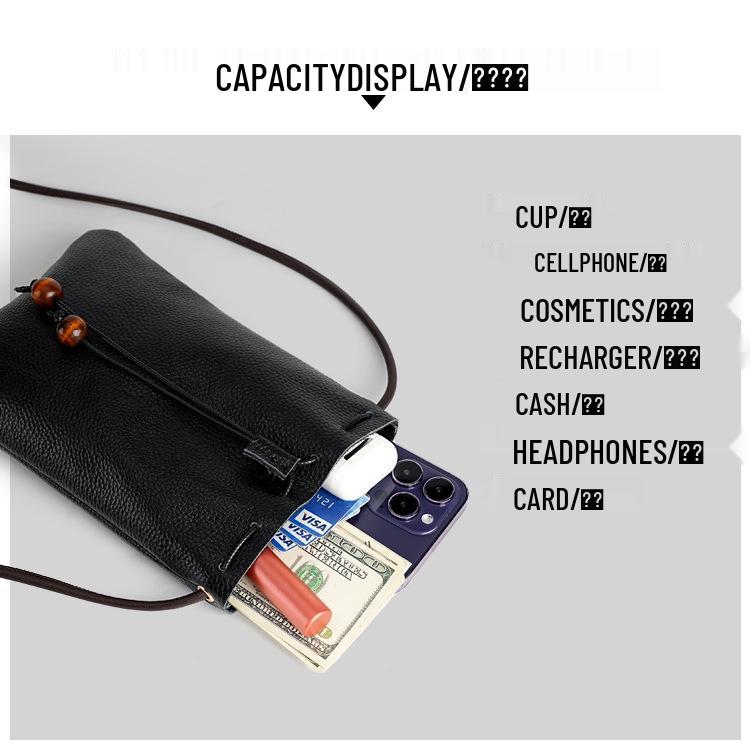 New Genuine Leather Drawstring Shoulder Bag with Earphone and Cable Storage - Korean Style Cowhide Messenger Bag