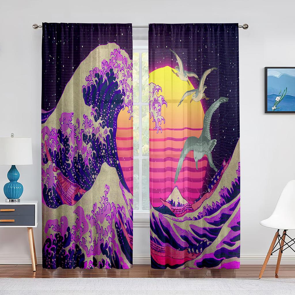 Oriental Culture Hand Drawn Style Japanese Motifs Illustration Wave Tulle Curtains for Living Room Bedroom Sheer Curtain Kitchen
