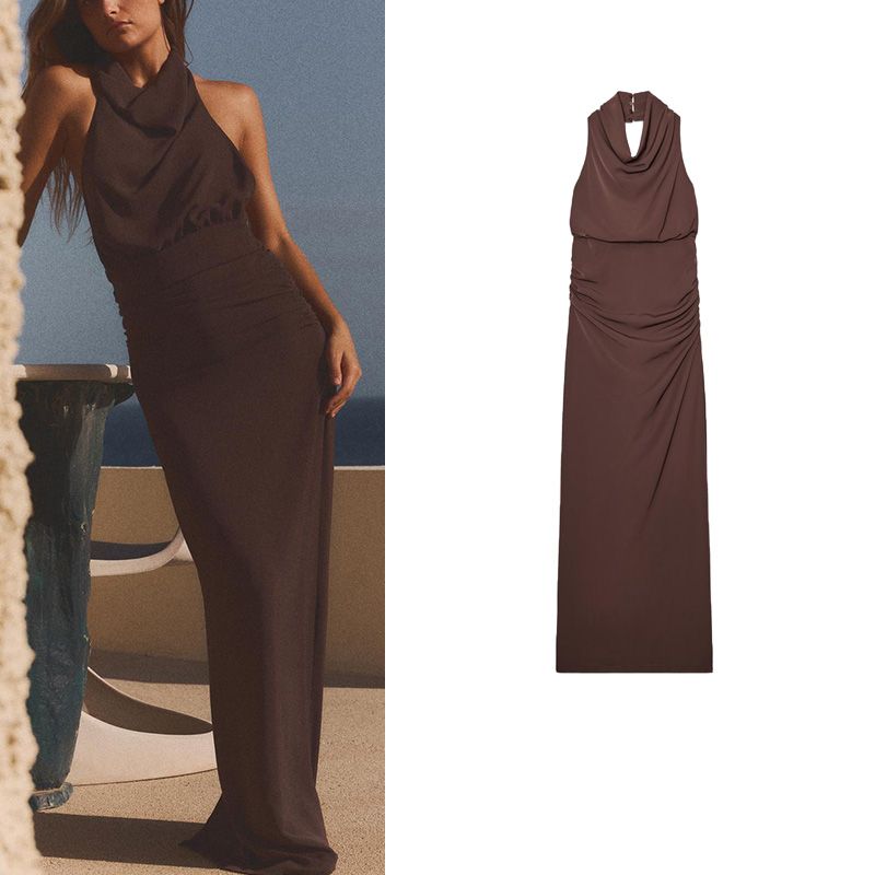 Spring and Summer Women's Clothing French Style Slit Hemline at Hem Pleated Decoration Open Back Hanging Collar Long Dress 2967266