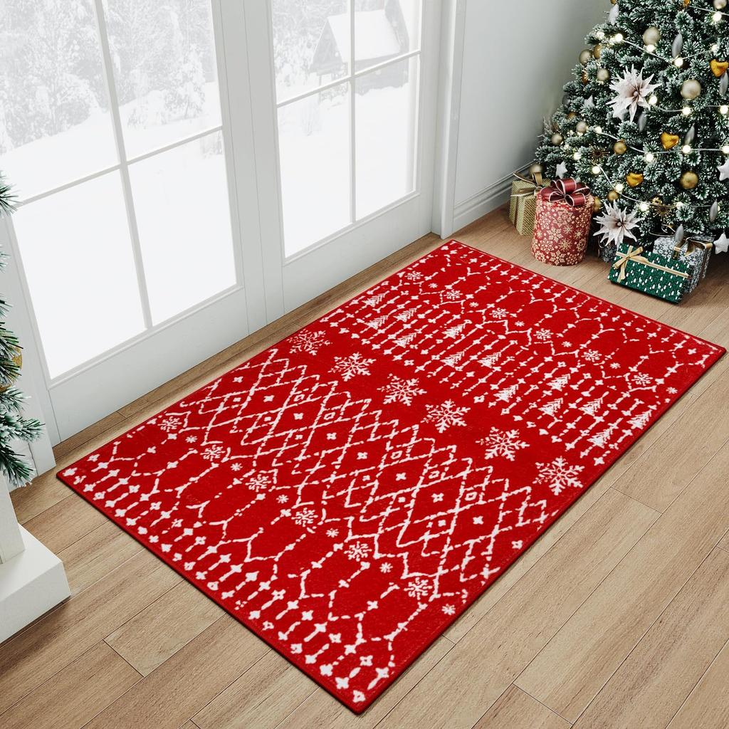 Christmas Large Area Rug Living Room Rug Machine Washable Rugs Low Pile Carpet Indoor Door Mat Red/White Non-Slip Snowflake Rug