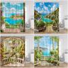 European Garden Shower Curtains Seaside Balcony Seascape Island Colorful Fowers Bathroom Decor Floral Polyester Bath Curtain
