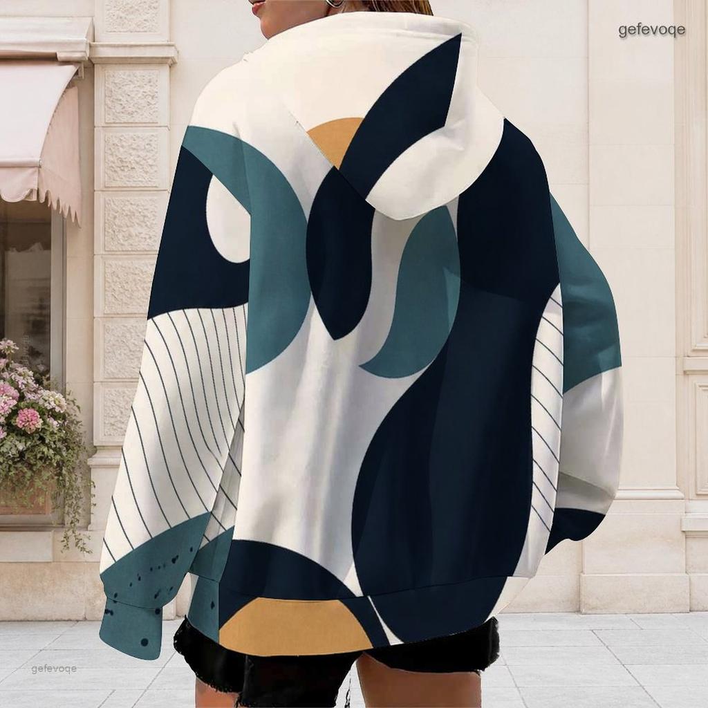 Women Plus Size Zip Up Drawstring Hoodie Long Sleeve Black White Geometric Printed With Pockets
