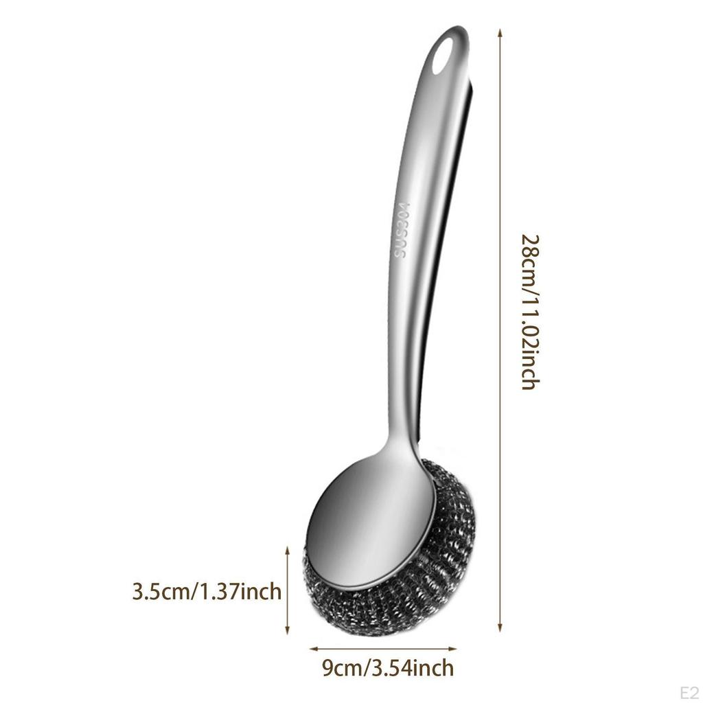 Stainless Steel Dish Scrubber Brush with Long Handle Iron Pans Sturdy Kitchen Cleaning Tool