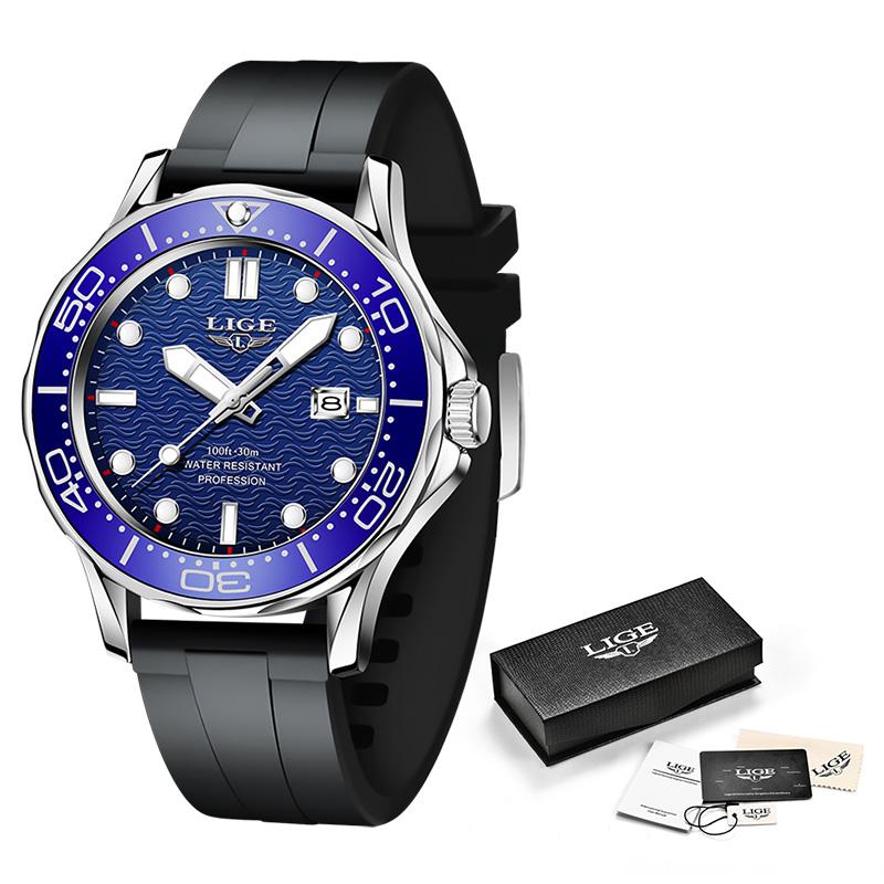 LIGE Brand Mens Watches Business Quartz Watch Men Silicone Band Sports Waterproof Watches Date Wristwatches Relogios Masculino