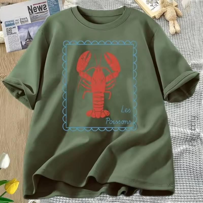 

Lobster T-Shirt French Coastal Tee Shirt Men Women Summer Cotton Short Sleeve T Shirt Oversized Round Neck Tshirt Oversized M зелений