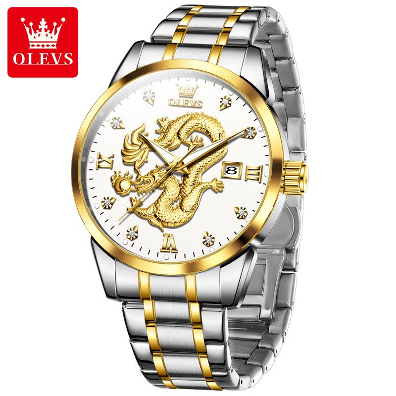 OLEVS Mens Watches Top Brand Luxury China Loong Dragon Dial Gold Quartz Watch for Men Waterproof Luminous Date Fashion Wacth Men